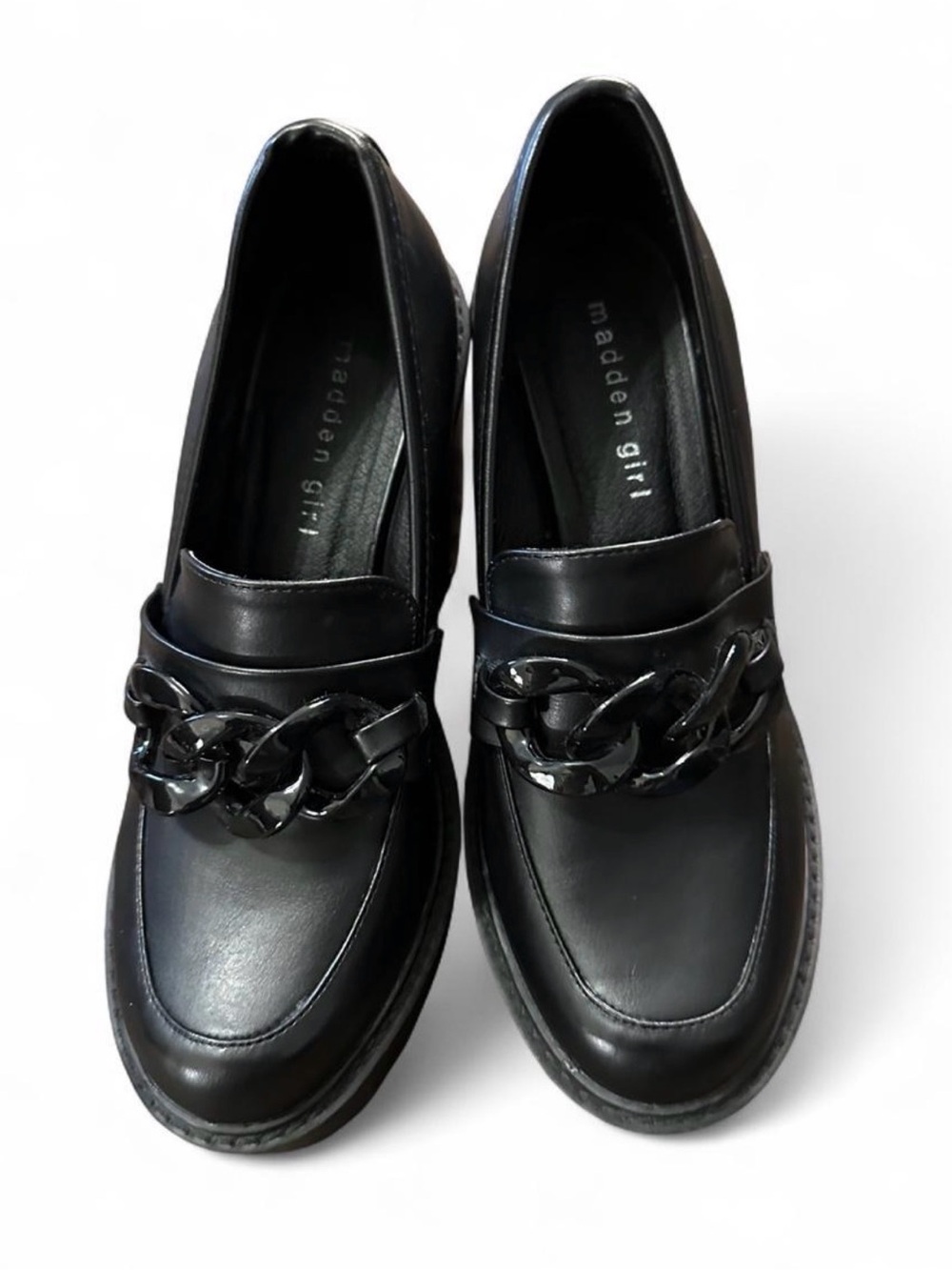 Madden Girl Black Chain-Trim Loafers Heels